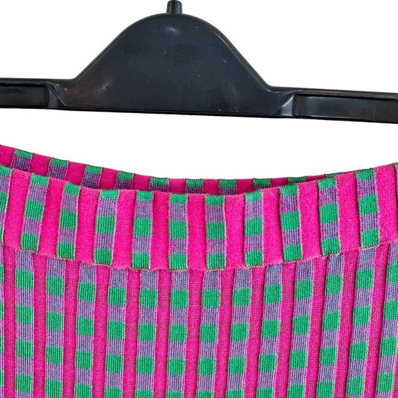 DVF Rosa Ribbed Stretch Knit Fitted Midi Skirt in Pink and Green Gingham Size XL - Picture 3 of 8